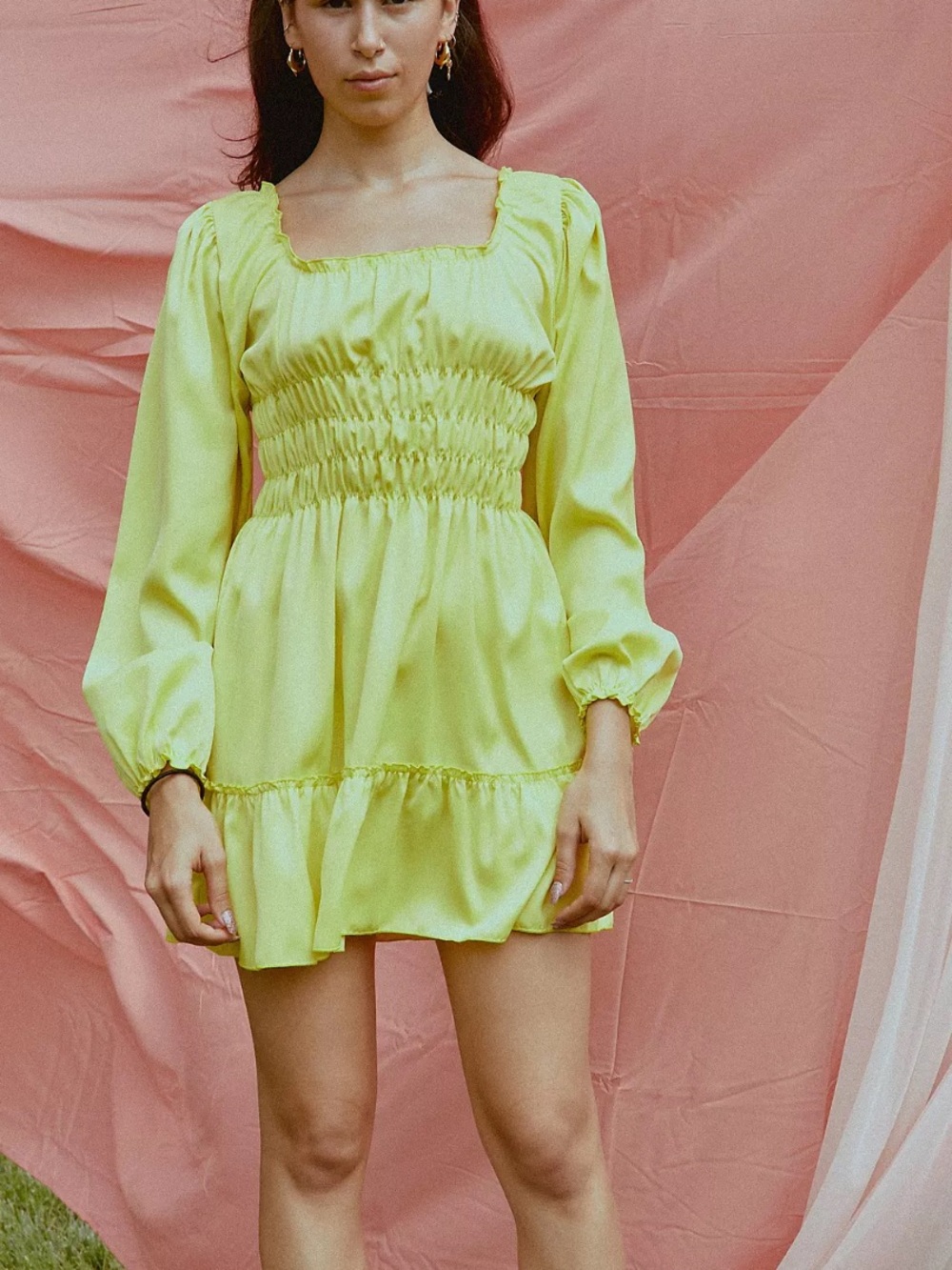 Lisa Says Gah Agatha Smocked Square-Neck Long Sleeve Mini Dress size S NWT